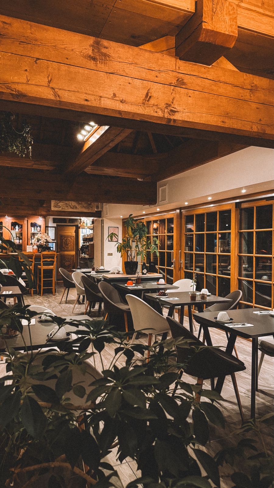 Cozy café interior with wooden beams