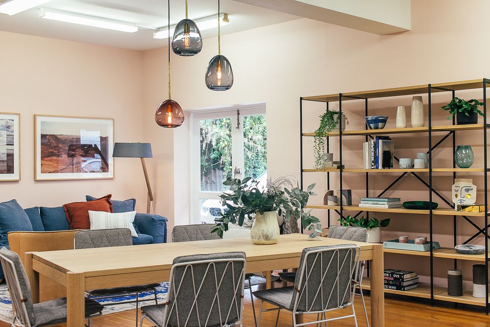 Warm home interior with wooden dining table